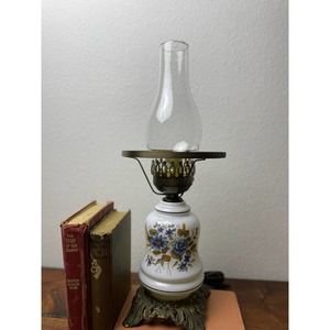 Vintage Hurricane Lamp Milk Glass With Flowers